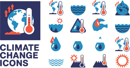 Climate change icon set featuring global warming world map thermometer and rising sea level symbols for environmental ecology sustainability reports and educational scientific vector illustrations. © Quadra