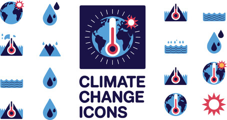 Climate change icon set featuring global warming world map thermometer and rising sea level symbols for environmental ecology sustainability reports and educational scientific vector illustrations. © Quadra