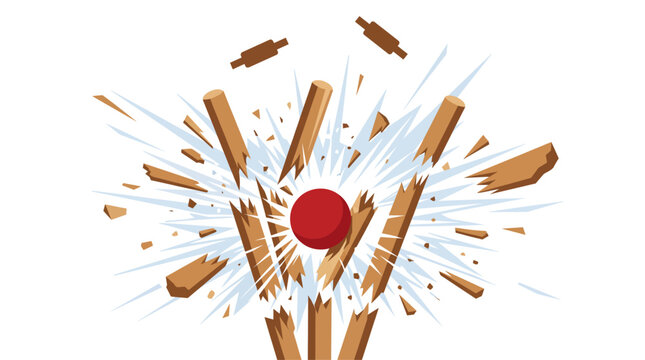 Cricket Ball Shatters Wooden Wickets in Dramatic Explosion of Wood Splinters and Motion Blur