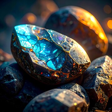 Vibrant Blue Opal Gemstone on Rocks.
