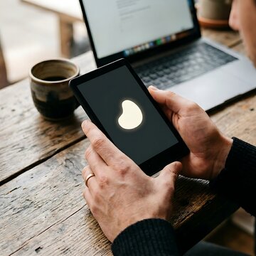 Man holding a tablet with a light yellow bean-shaped icon on the screen, placed on a wooden table next to a laptop and a cup of coffee