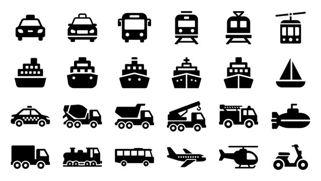 Transportation and vehicle vector icon set. Minimalist black solid glyph symbols for public transit, logistics, cars, trucks, airplanes, and maritime shipping.