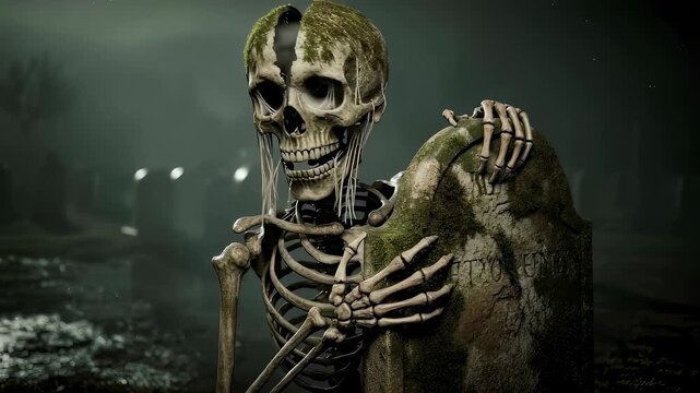 Skeleton emerging from grave in dark cemetery. Creepy undead creature rising from tombstone at night. Scary mystic landscape for Halloween horror movie scene.
