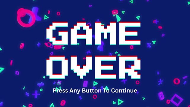 Game Over Screen with Pixelated Text and Abstract Shapes, Ready to Play Again