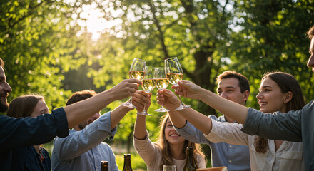 Family Toast Under Trees, Backlit Sunlight