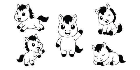 Obraz premium Cute pony cartoon collection for nursery graphics, educational media, stickers, branding, and kids products.