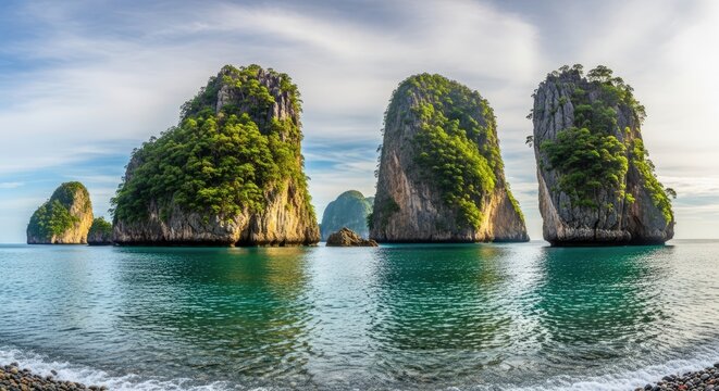 Tropical limestone karsts in clear ocean water during sunny day