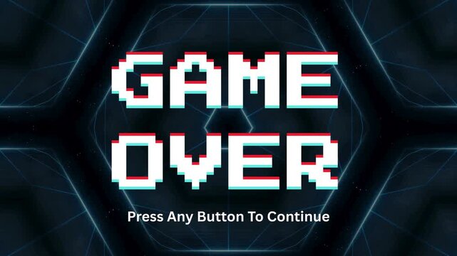 Game Over Screen With Glitch Effect Over A Hexagonal Pattern Background