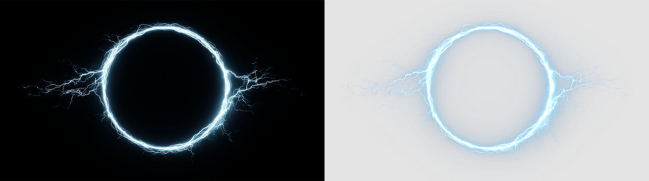 Blue lightning circle with electric arcs isolated on transparent and black background, for graphic design use, light overlay, PNG