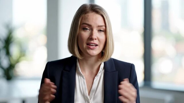 Businesswoman corporate office interview presentation communication business professional woman portrait, confident manager speaking corporate meeting, modern office portrait with professional