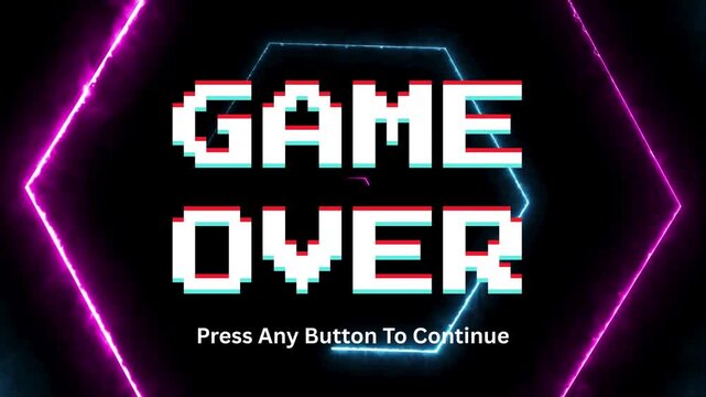 Retro pixelated 'Game Over' screen with vibrant neon outlines. Digital message 'Press Any Button To Continue' on dark background, for classic video game aesthetic