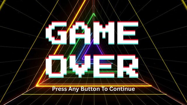 Retro 8-bit 'GAME OVER' screen with neon triangle tunnel background and 'Press Any Button to Continue' text