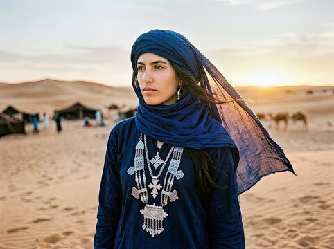 Desert Nomad: A young woman draped in traditional blue attire and headscarf stands stoically amidst the vast, windswept sand dunes of a desert landscape. The setting sun casts a warm, golden light.