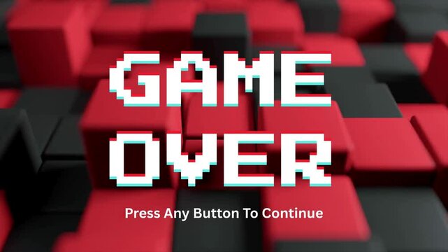 A vibrant digital game over screen featuring pixelated text against a dynamic red and black abstract block background, signifying the conclusion of gameplay and offering a prompt to continue