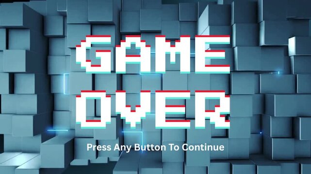 Vibrant pixelated digital 'Game Over' message displayed on a modern abstract cube background, symbolizing the conclusion of a virtual challenge or gaming session