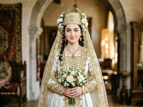 Bridal Grace in Traditional Attire: A radiant bride, adorned in exquisite, ornate traditional wedding garb, holds a bouquet of fresh white flowers.