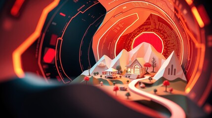 Obraz premium Futuristic landscape features small house, mountains, winding path. Digital elements surround scene, creating vibrant, abstract view.