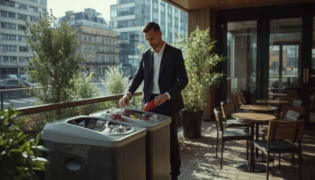 There is a man standing next to a trash can on a balcony