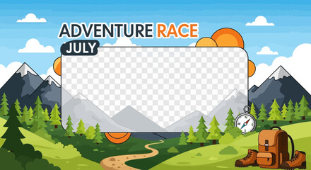 Obraz premium Adventure Race July Event Template with Mountain Landscape and Hiking Gear