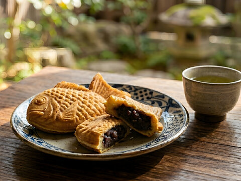 aiyaki (Japanese fish-shaped cake) filled with red bean paste and green tea.〈赤あんが入ったたい焼きと緑茶〉
