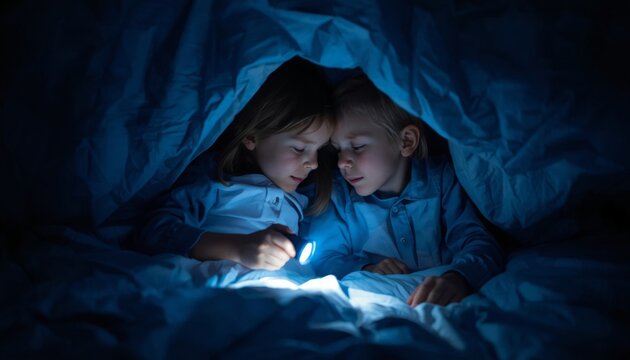 There are two children laying in bed under a blanket looking at a cell phone