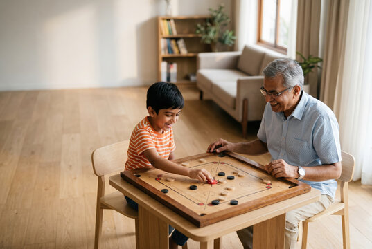Indian joint family playing carrom board game together at home with chai, analog screen-free family bonding and multigenerational lifestyle India