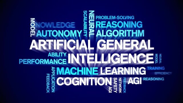 AGI Artificial General Intelligence animated word cloud-gross domestic product animation tag kinetic typography seamless loop.