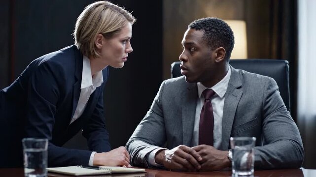 Business meeting in office with lawyer negotiation amid conflict conversation, professional corporate workplace argument as businesswoman confronts businessman in tense disagreement and communication