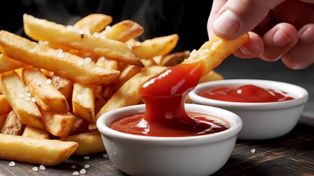 Closeup of a hand dipping crispy french fries into ketchup.