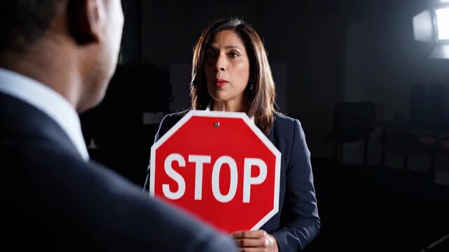 Stop sign businesswoman confrontation harassment workplace boundary warning refusal intimidation conflict, businesswoman holding stop sign facing colleague dark office during tense workplace conflict