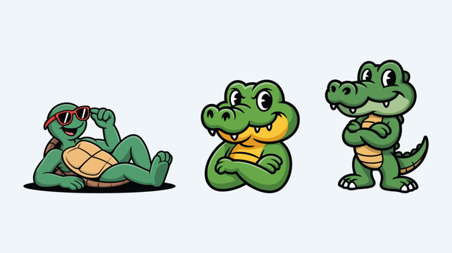 Cartoon reptile characters featuring cool turtle with sunglasses and friendly crocodiles.