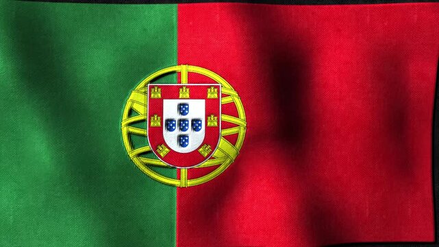 3D Portuguese National Flag with Coat of Arms Fluttering in the Wind.