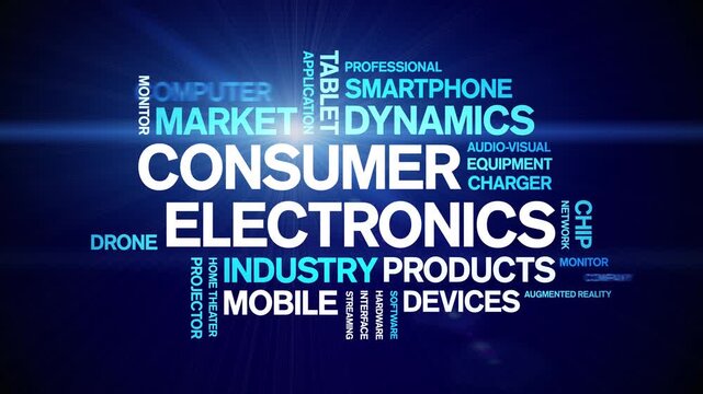 Consumer Electronics animated word cloud-gross domestic product animation tag kinetic typography seamless loop.