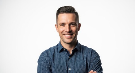 Fototapeta premium Portrait of a Confident Smiling Professional Man in Blue Patterned Shirt Isolated on White Background