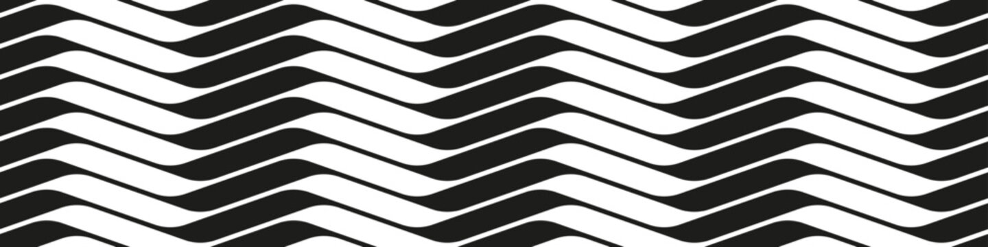 Abstract Black and White Wavy Seamless Pattern Banner. Geometric Op Art Optical Illusion Background. Horizontal Panoramic Vector Design.