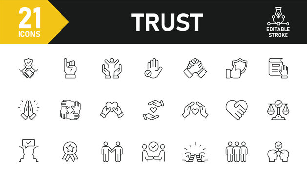 Trust line icon set. Set of 21 outline icons related to confidence, trust, promise, truth, trustworthiness and others. Editable stroke. Vector illustration.