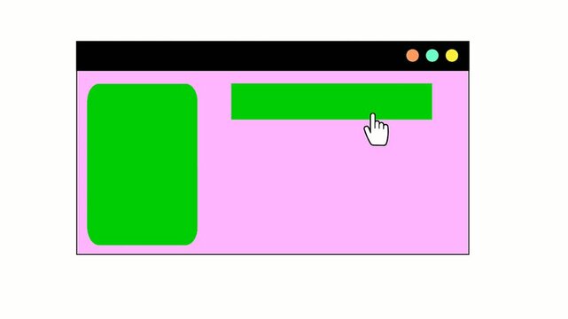 Minimalist computer window interface illustration with green buttons and a cursor, showcasing modern user experience design and technology elements