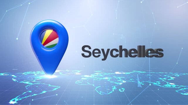 Seychelles Flag Inside Location Pin On Digital World Map Animation