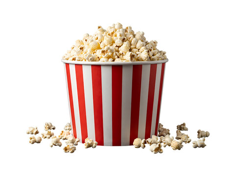 Bucket of popcorn in a red container isolated on white background, tasty cinema snack for movies and entertainment