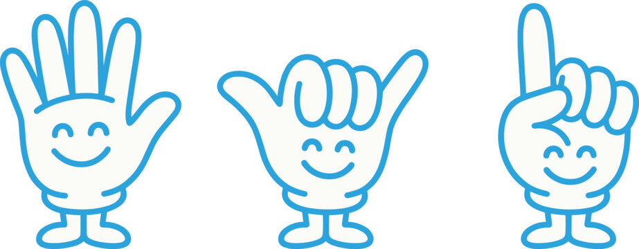 A set of three smiling cartoon hands making different gestures