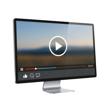 A computer monitor playing a video with a play button on the screen saver interface display