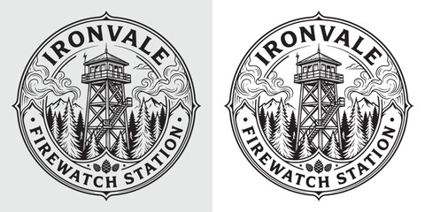 Fototapeta premium Ironvale Forest Firewatch Station Circular Emblem
