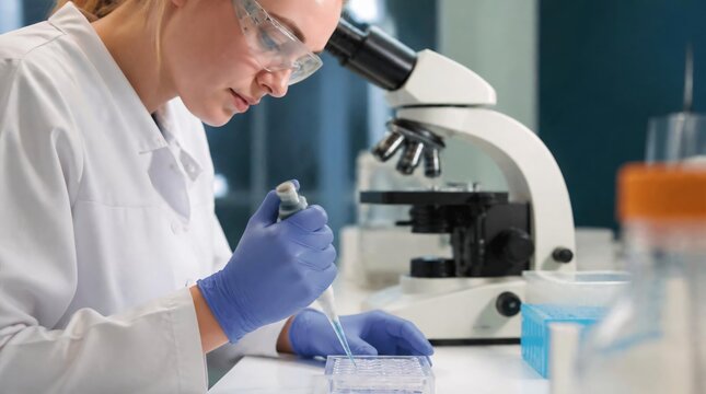Female scientist with safety glasses using micropipette to transfer liquid sample into multiwell plate under microscope