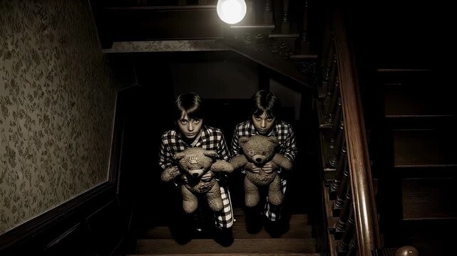 Two scary children holding teddy bears standing on staircase of old house. Mysterious boy twin in pajamas at night. Creepy Halloween home interior atmosphere.