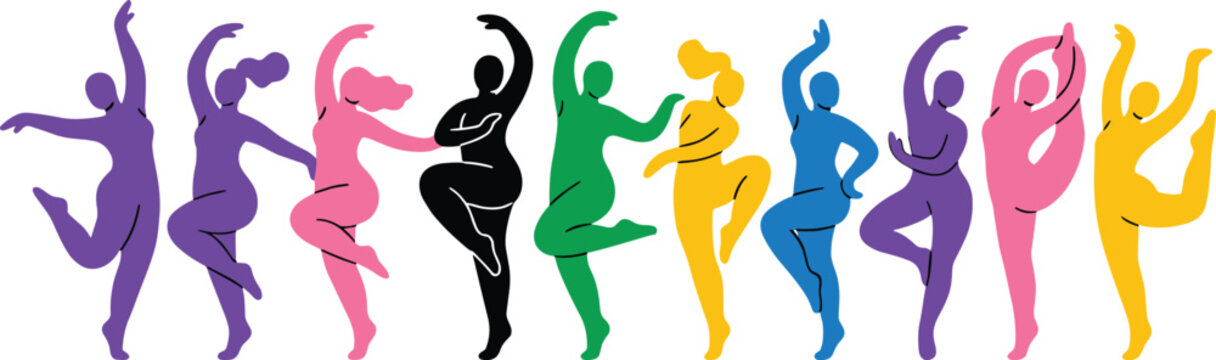 A line art illustration of multiple dancing silhouettes in various bright colors.