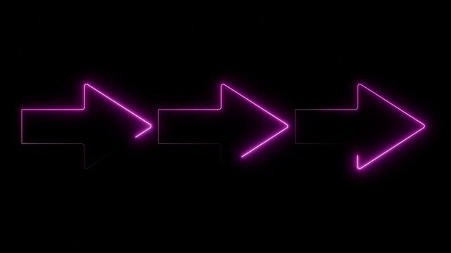 Arrows in pink neon light, illuminated arrows point to the right. The arrows move forward, in an endless loop. Direction, pointing at something, right hand, orientation. 