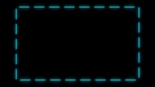 Rectangle with moving dashed lines in blue neon lights, illuminated frame. Shape, geometry, box, template, grid, black background, space in the middle to add text or image.