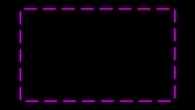 Rectangle with moving dashed lines in pink neon lights, illuminated frame. Shape, geometry, box, template, grid, black background, space in the middle to add text or image.