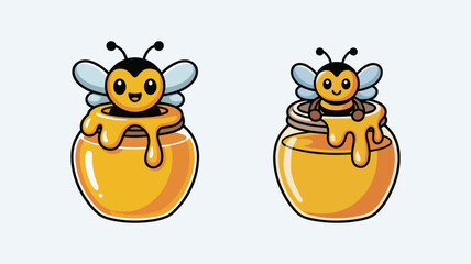 Cute cartoon bees inside glass honey jars with dripping golden nectar and syrup. © Anukul Debnath