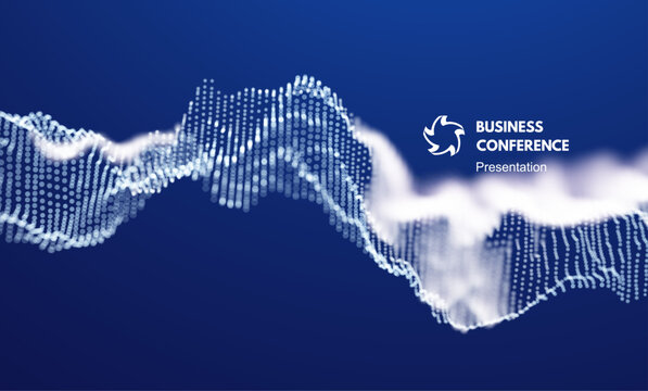 Business event invitation template. Grid. Dynamics particles. Abstract wavy background. Wave with connected dots. Big data. 3D Illustration for brochure, poster, cover, presentation, flyer, etc.
